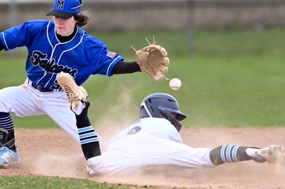Seamus Vining of Sandwich arrives safely at second ahead of the throw to Mashpee second baseman Robert Ryder on April 7.