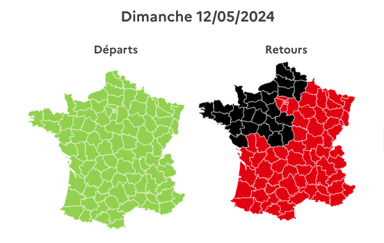 Le quart nord-ouest est placé en noir dans le sens des retours par Bison Futé ce dimanche 12 mai.