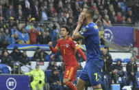 Ukraine's Andriy Yarmolenko reacts during the World Cup 2022 qualifying play-off soccer match between Wales and Ukraine at Cardiff City Stadium, in Cardiff, Wales, Sunday, June 5, 2022. (AP Photo/Rui Vieira)