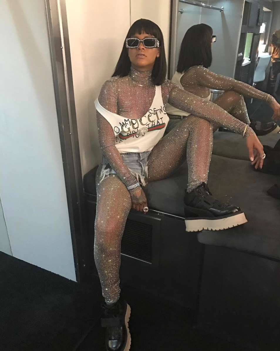 <p>Only Rihanna could pull off a glittering Gucci bodysuit straight off the runway.<br><i>[Photo: Instagram/badgalriri]</i> </p>