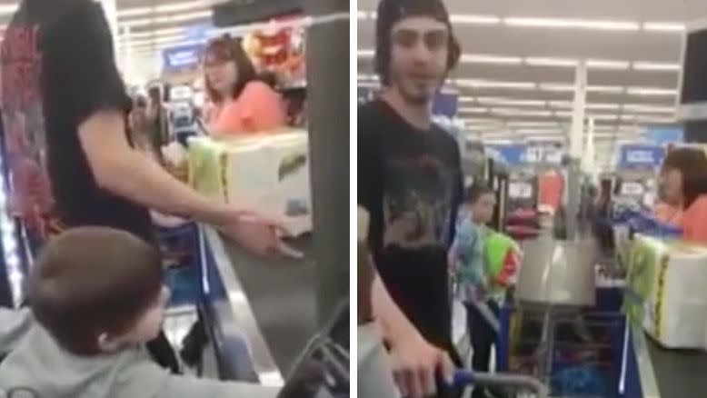 The woman started insulting the man after he handed over food stamps to the cashier at Walmart. Photo: YouTube