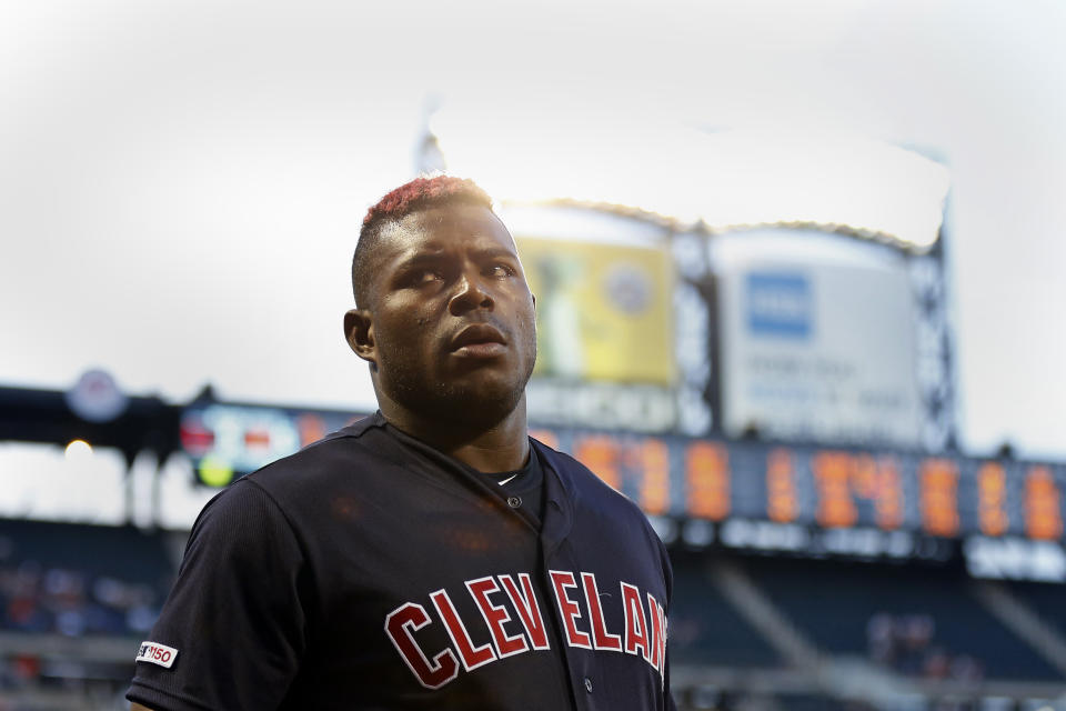 Aug 20, 2019; New York City, NY, USA; Cleveland Indians right fielder Yasiel Puig (66) walks out of the dugout against the New York Mets during the first inning at Citi Field. Mandatory Credit: Adam Hunger-USA TODAY Sports