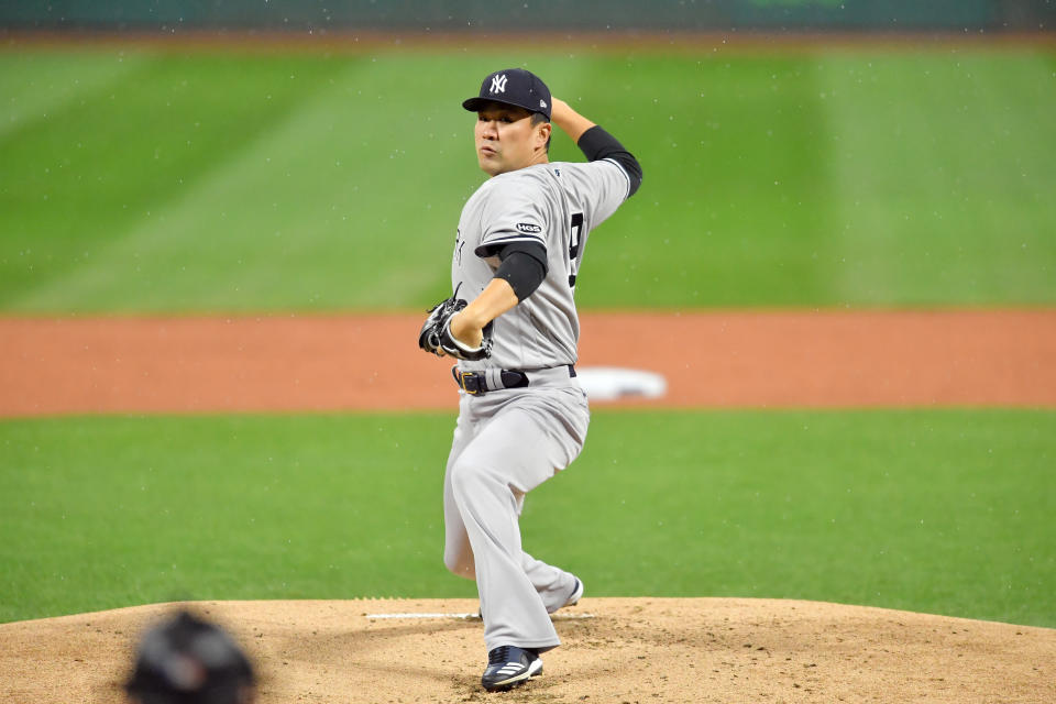 CLEVELAND, OHIO - SEPTEMBER 30: Starting pitcher Masahiro Tanaka #19 of the New York Yankees pitches during the first inning of Game Two of the American League Wild Card Series against the Cleveland Indians at Progressive Field on September 30, 2020 in Cleveland, Ohio. (Photo by Jason Miller/Getty Images)