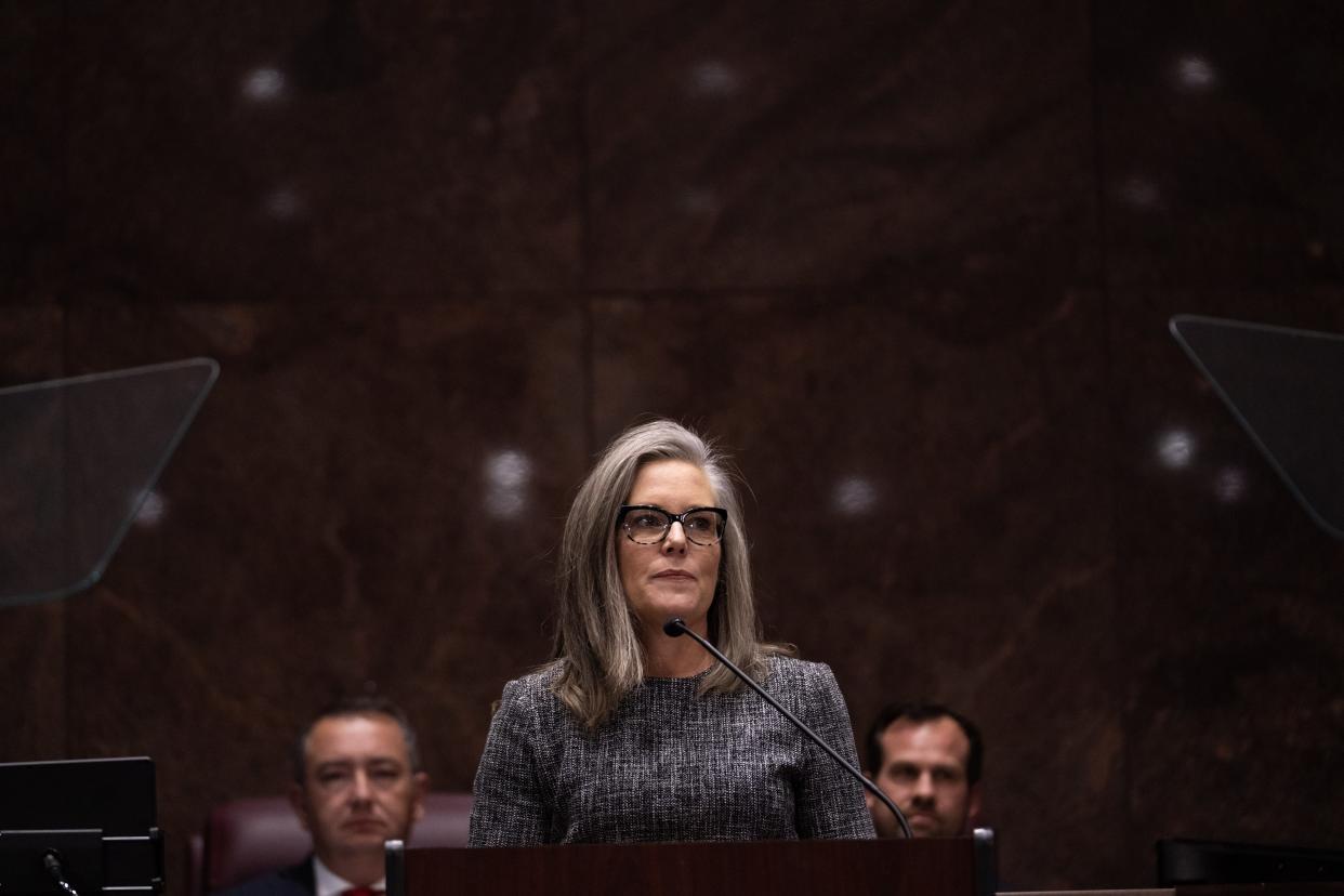 Gov. Katie Hobbs delivers her State of the State address to the Arizona House of Representatives during the opening session of the 56th Legislature on Jan. 9, 2023, in Phoenix.