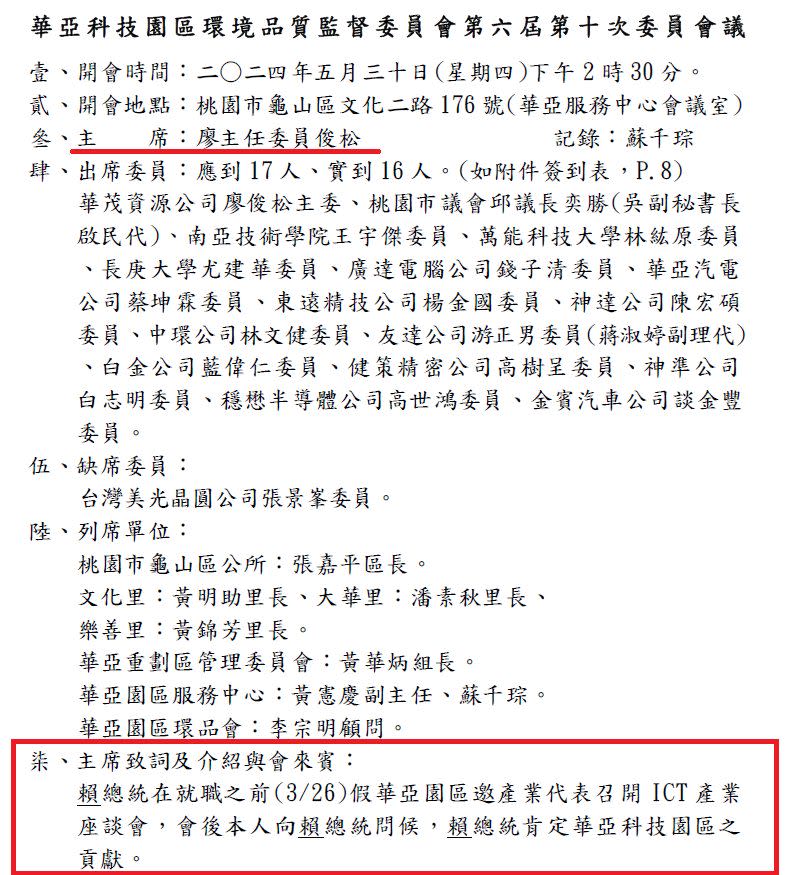 黃揚明曬出華亞科技園區環境品質監督委員會新會議記錄。（圖／翻攝黃揚明臉書）