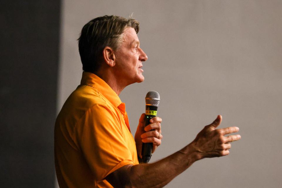 University of Tennessee System President Randy Boyd speaks to West High School students in 2022 about the UT Promise program.