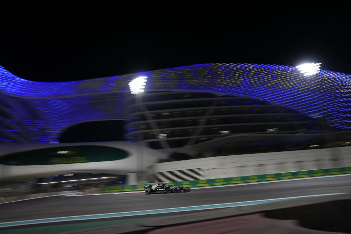Mercedes driver Lewis Hamilton of Britain in action during the Formula One Abu Dhabi Grand Prix in Abu Dhabi, United Arab Emirates, Sunday, Dec. 12, 2021, (AP Photo/Hassan Ammar)