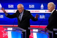 Democratic 2020 U.S. presidential candidates Senator Bernie Sanders and former Vice President Joe Biden debate at the tenth Democratic 2020 presidential debate at the Gaillard Center in Charleston