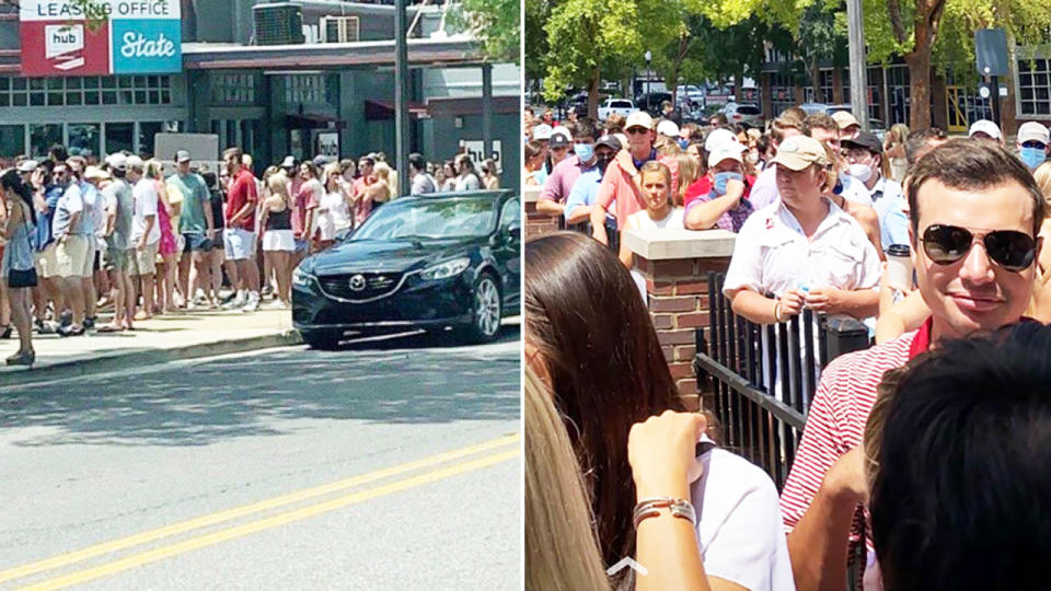 Alabama college students, pictured here in large groups without masks.