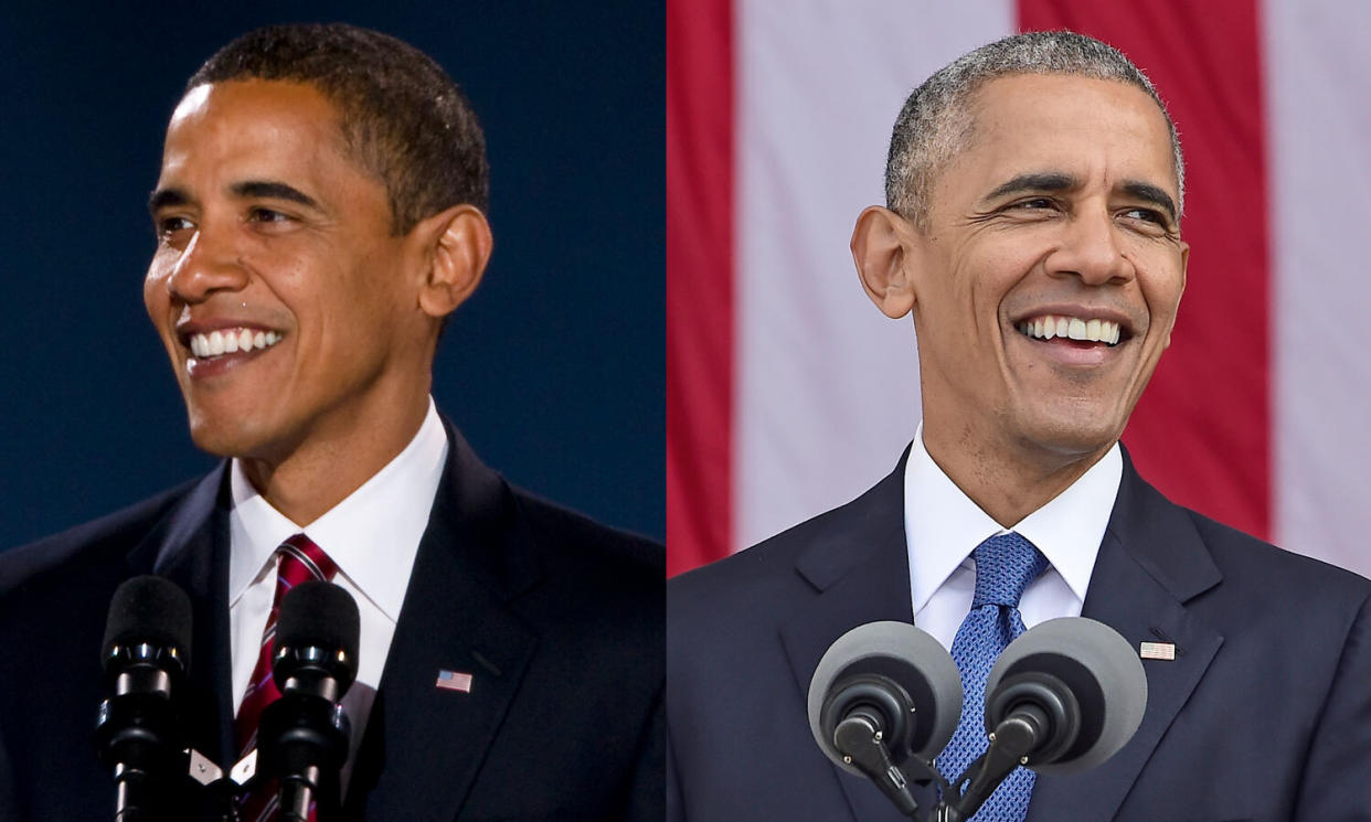 President Obama's hair grew gray over the course of his presidency. Depicted in 2008, the year he was elected president and 2016, during his last year in office. (Photos: Getty Images)