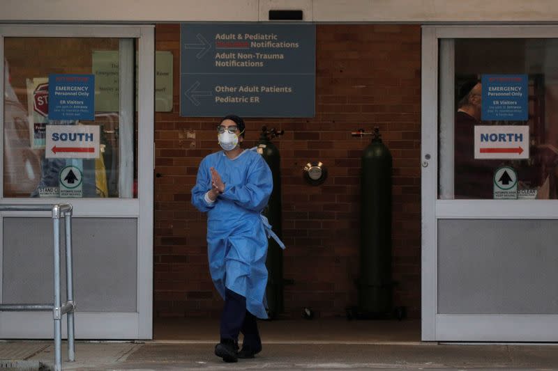 A healthcare worker is seen at the emergency center at Maimonides Medical Center during the outbreak of the coronavirus disease (COVID-19) in Brooklyn