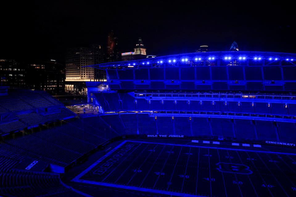 Paycor Stadium lights are illuminated blue in support of Buffalo Bills safety Damar Hamlin, Wednesday, Jan. 4, 2023, in Cincinnati. Hamlin was taken to the hospital after collapsing on the field during the Bill's NFL football game against the Cincinnati Bengals on Monday night.