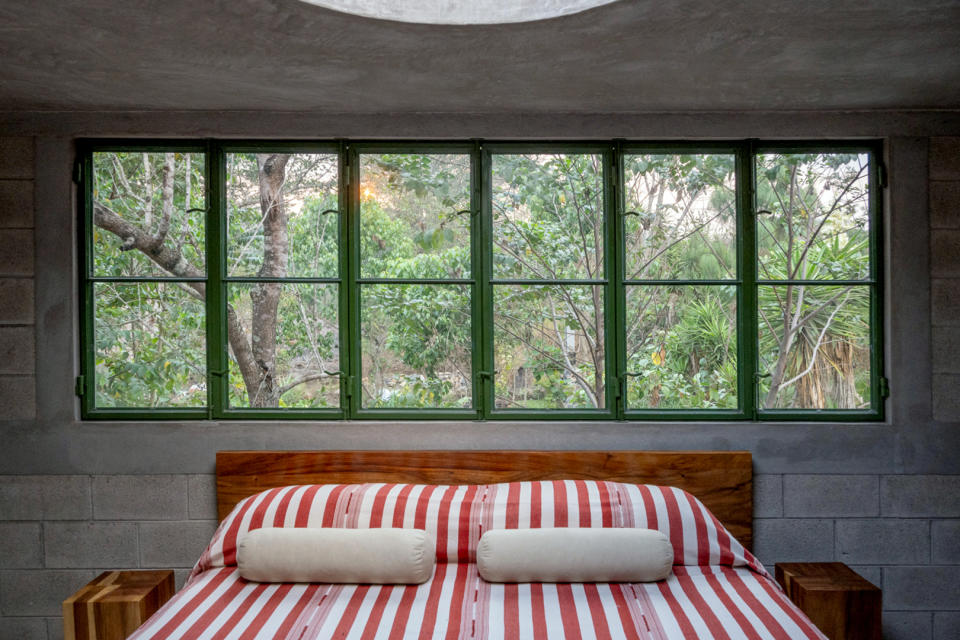 red and white bedding on bed next to green windows