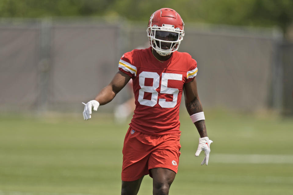 Kansas City Chiefs wide receiver John Ross runs during the NFL football team's organized team activities Thursday, June 1, 2023, in Kansas City, Mo. (AP Photo/Charlie Riedel)