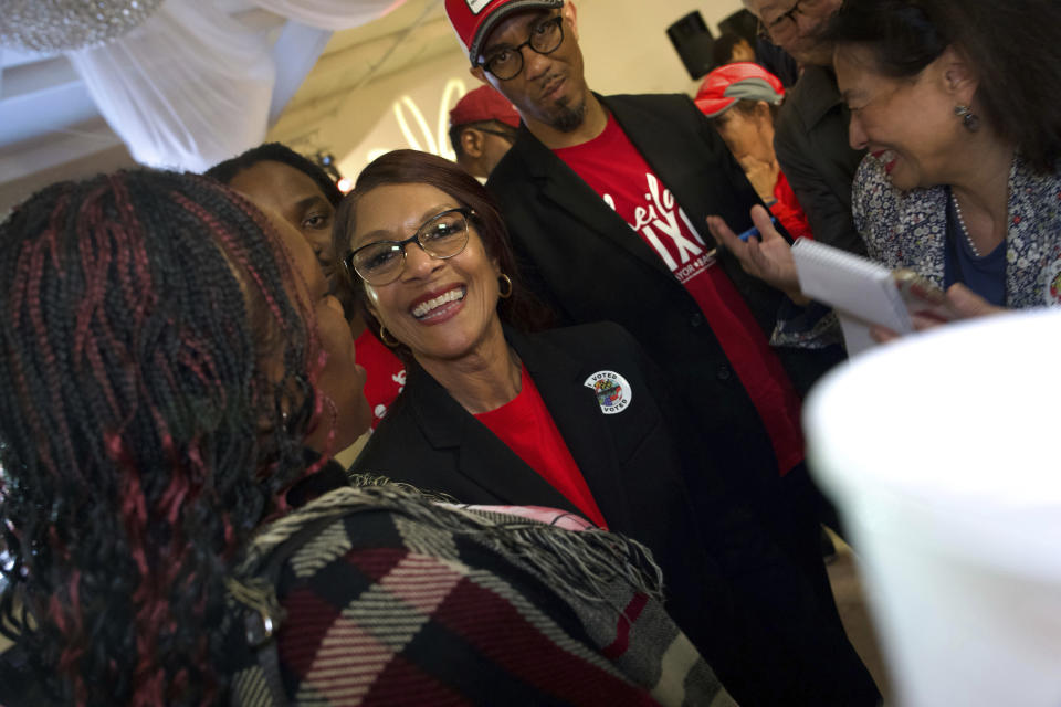 Baltimore mayoral candidate Sheila Dixon greets supporters during a Democratic primary election night watch party, Tuesday, May 14, 2024, in Baltimore. (Kaitlin Newman/The Baltimore Banner via AP)