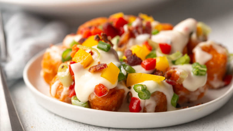loaded tater tots on white plate