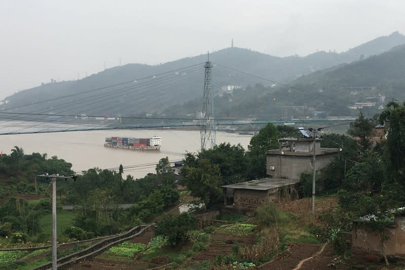 Container ship travels on the Yangtze river in the Three Gorges Reservoir region in Chongqing