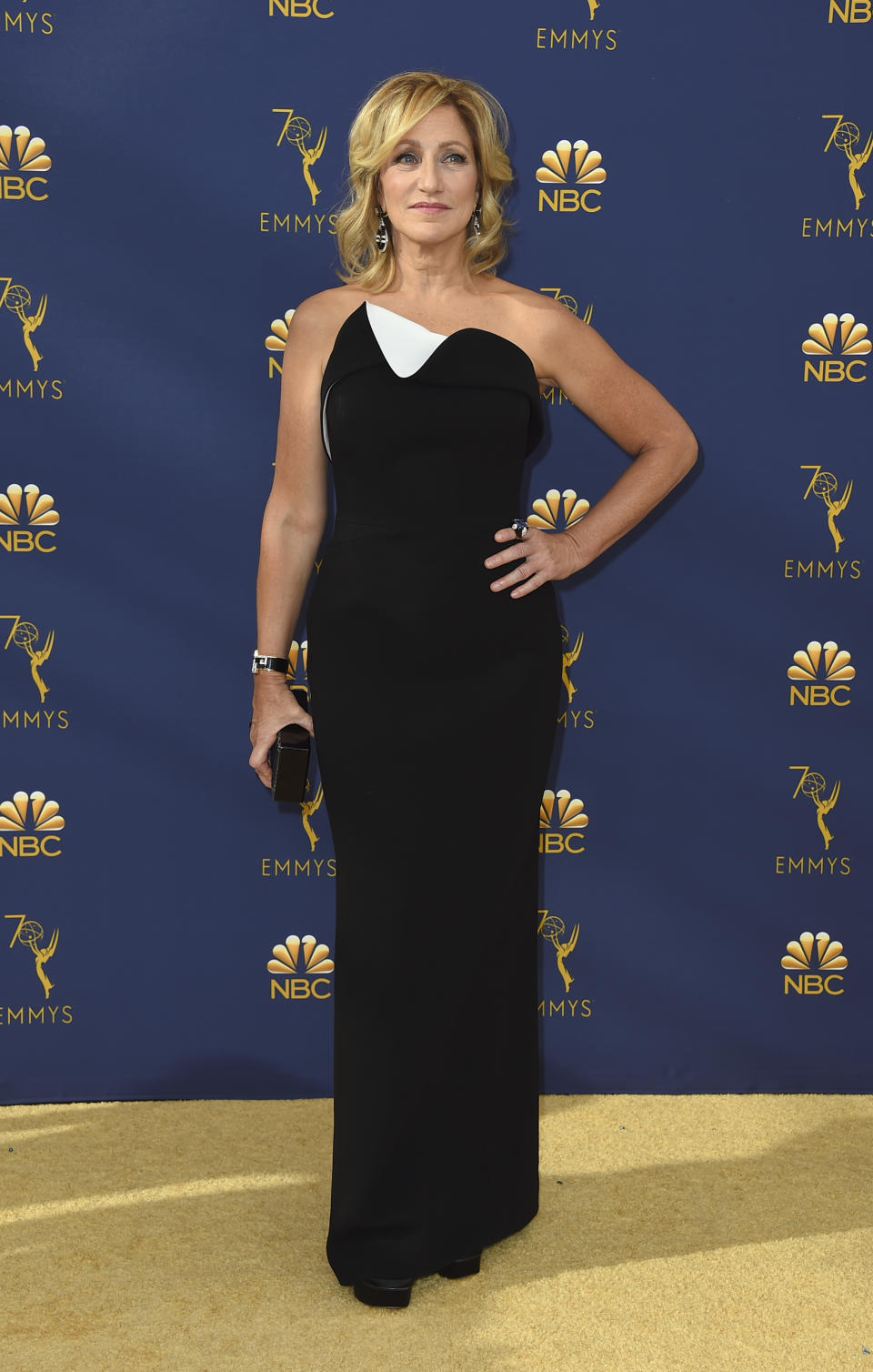 FILE - Edie Falco arrives at the 70th Primetime Emmy Awards on Sept. 17, 2018, in Los Angeles. Falco turns 58 on July 5. (Photo by Jordan Strauss/Invision/AP, File)