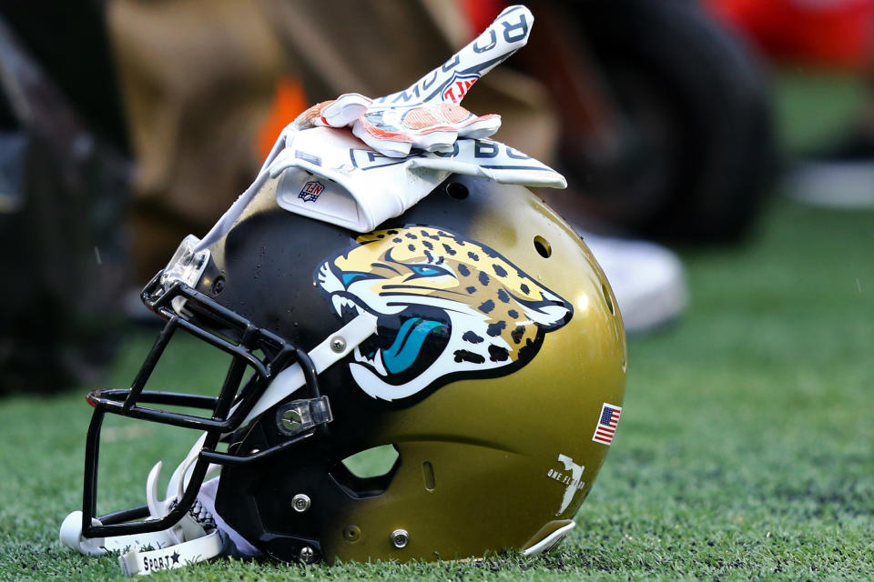 Jan 28, 2018; Orlando, FL, USA; A view of the helmet of Jacksonville Jaguars cornerback <a class="link " href="https://sports.yahoo.com/nfl/players/29239/" data-i13n="sec:content-canvas;subsec:anchor_text;elm:context_link" data-ylk="slk:Jalen Ramsey;sec:content-canvas;subsec:anchor_text;elm:context_link;itc:0">Jalen Ramsey</a> (20) on the sidelines against the NFC in the 2018 NFL Pro Bowl at Camping World Stadium. Mandatory Credit: Aaron Doster-USA TODAY Sports