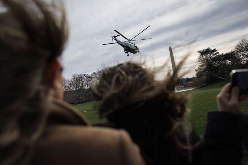 With President Joe Biden aboard, Marine One leaves the White House on Friday. The president's trip is intended to spotlight Biden's legislative achievements that have boosted manufacturing and infrastructure in Pennsylvania, according to administration officials. Photo by Ting Shen/UPI