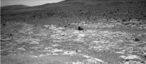 This view from NASA's Opportunity Mars rover, taken on Aug. 3, 2013, shows an area where two geological units abut. The darker unit in the background, believed to be older, marks the edge of "Solander Point," a raised segment of the western rim