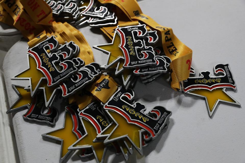 Medals for the 2024 Michelob Ultra El Paso Marathon, run on Sunday, Feb. 18, are distributed to all finishers. The race began at San Elizario High School and ended at the El Paso County Coliseum.