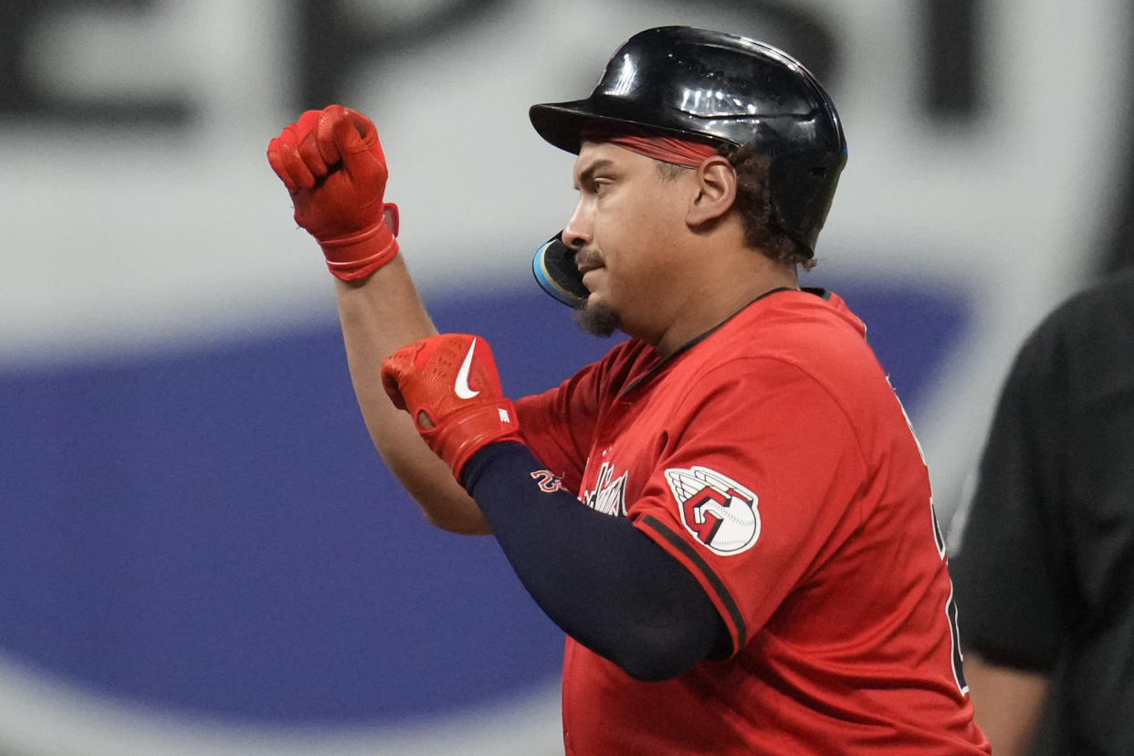 Cleveland Guardians' Josh Naylor gestures from second base after hitting a double in the eighth inning of a baseball game against the Minnesota Twins, Monday, Sept. 16, 2024, in Cleveland. (AP Photo/Sue Ogrocki)