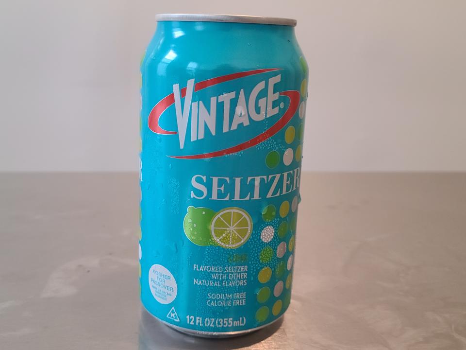 can of lime flavored vintage seltzer water on a kitchen counter