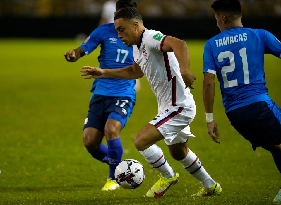 United States' Sergino Dest controls the ball against El Salvador in the Concacaf World Cup qualifier at Estadio Cuscatlán in San Salvador, El Salvador.