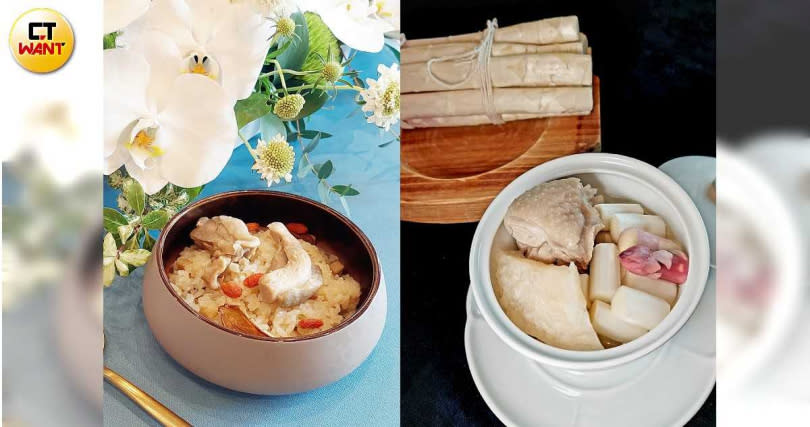 典藏套餐菜色「酒香麻油雞煨飯」（左）、經典套餐菜色「花膠白蘆筍燉雞盅」。（圖／魏妤靜攝）