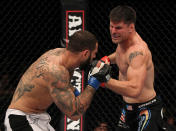 STOCKHOLM, SWEDEN - APRIL 14: (R-L) Brian Stann punches Alessio Sakara during their middleweight bout at the UFC on Fuel TV event at Ericsson Globe on April 14, 2012 in Stockholm, Sweden. (Photo by Josh Hedges/Zuffa LLC/Zuffa LLC via Getty Images)