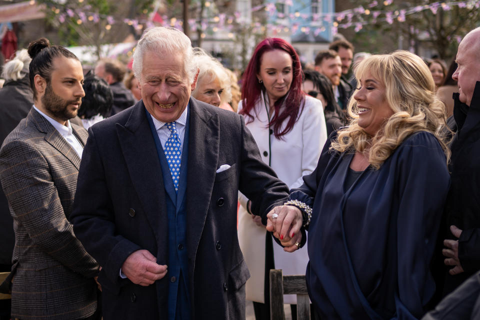 The Prince of Wales with Letitia Dean during a visit to the set of EastEnders at the BBC studios in Elstree, Hertfordshire (Aaron Chown/PA)