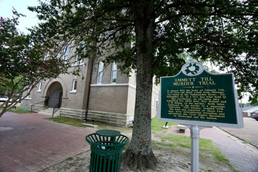 A Mississippi Department of Archives and History historical marker outlines the details of the Emmett Till murder trial at the Tallahatchie County Second District Courthouse, Monday, July 24, 2023, in Sumner, Miss. (AP Photo/Rogelio V. Solis)