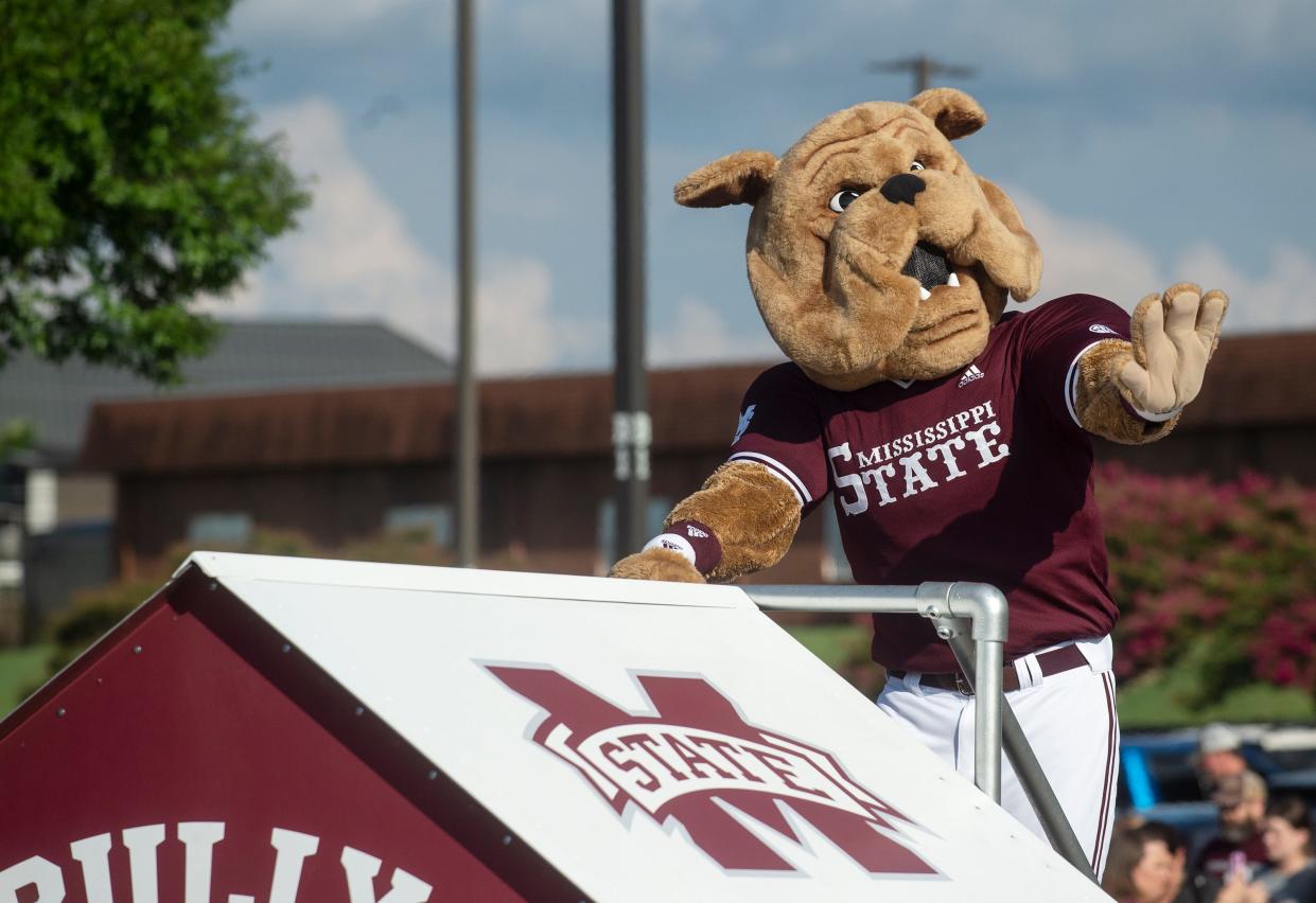 Mississippi State University mascot participates in MSU's 2021 Baseball National Championship parade.