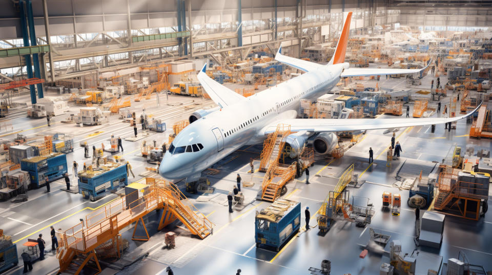 An aerial view of an aircraft factory, showing a flurry of activity on the factory floor.