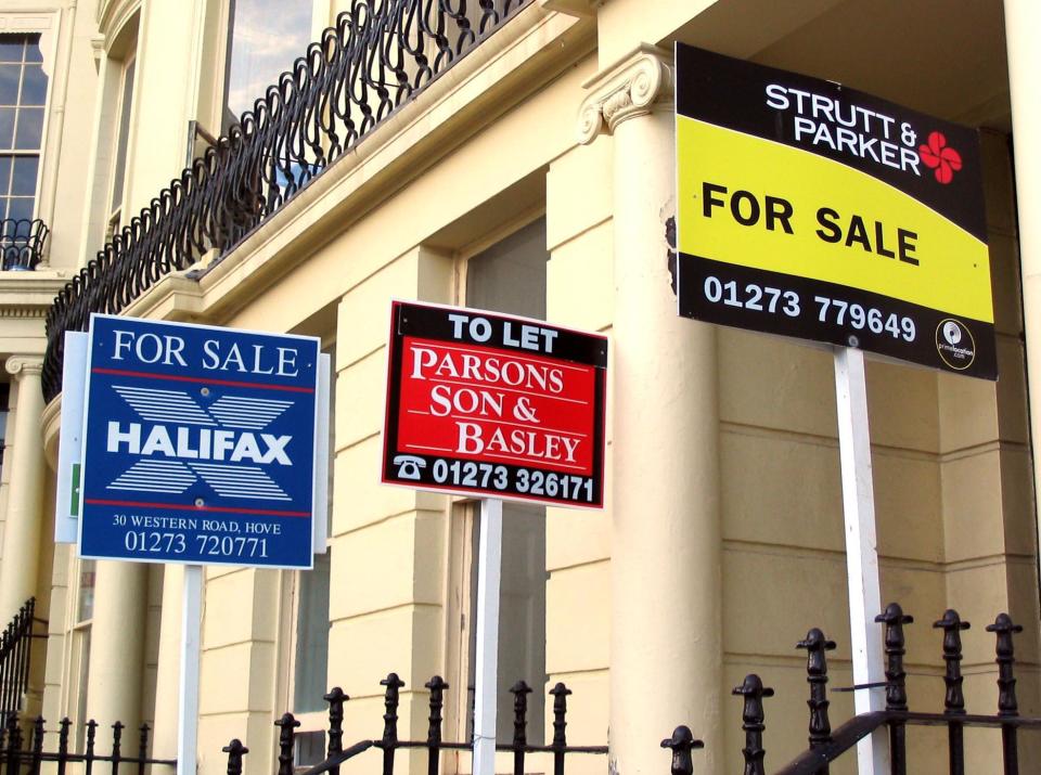 For sales signs outside properites in Brunswick Square, Brighton.  06/02/04: First-time buyers are adopting a risky approach to buying their first home as they become increasingly desperate to get on to the property ladder, research showed today. People buying their first house are less likely to have a survey done, take out a fixed rate mortgage or make an offer below the asking price than other buyers, according to Yorkshire Bank.  13/04/2004:  House prices in the UK fell by 1% during February as the market suffered its traditional quiet period, Government figures showed today April 13 2004. The Office of the Deputy Prime Minister said the average property cost   160,937 during the month, down from   162,559 in January.  30/10/04: The range of advice offered by mortgage brokers and advisers will vary considerably from tomorrow, experts have warned.  The Mortgage Advice Bureau said that brokers will now be either directly authorised by the FSA, have joined a network as 'appointed representatives', or have created their own panel of lenders.  As a result the range of products and borrower circumstances that they can advise on will vary tremendously, as will fees and service.