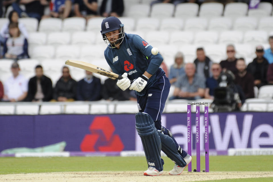 England's James Vince plays a shot during the Fifth One Day International cricket match between England and Pakistan at Emerald Headingley in Leeds, England, Sunday, May 19, 2019. (AP Photo/Rui Vieira)