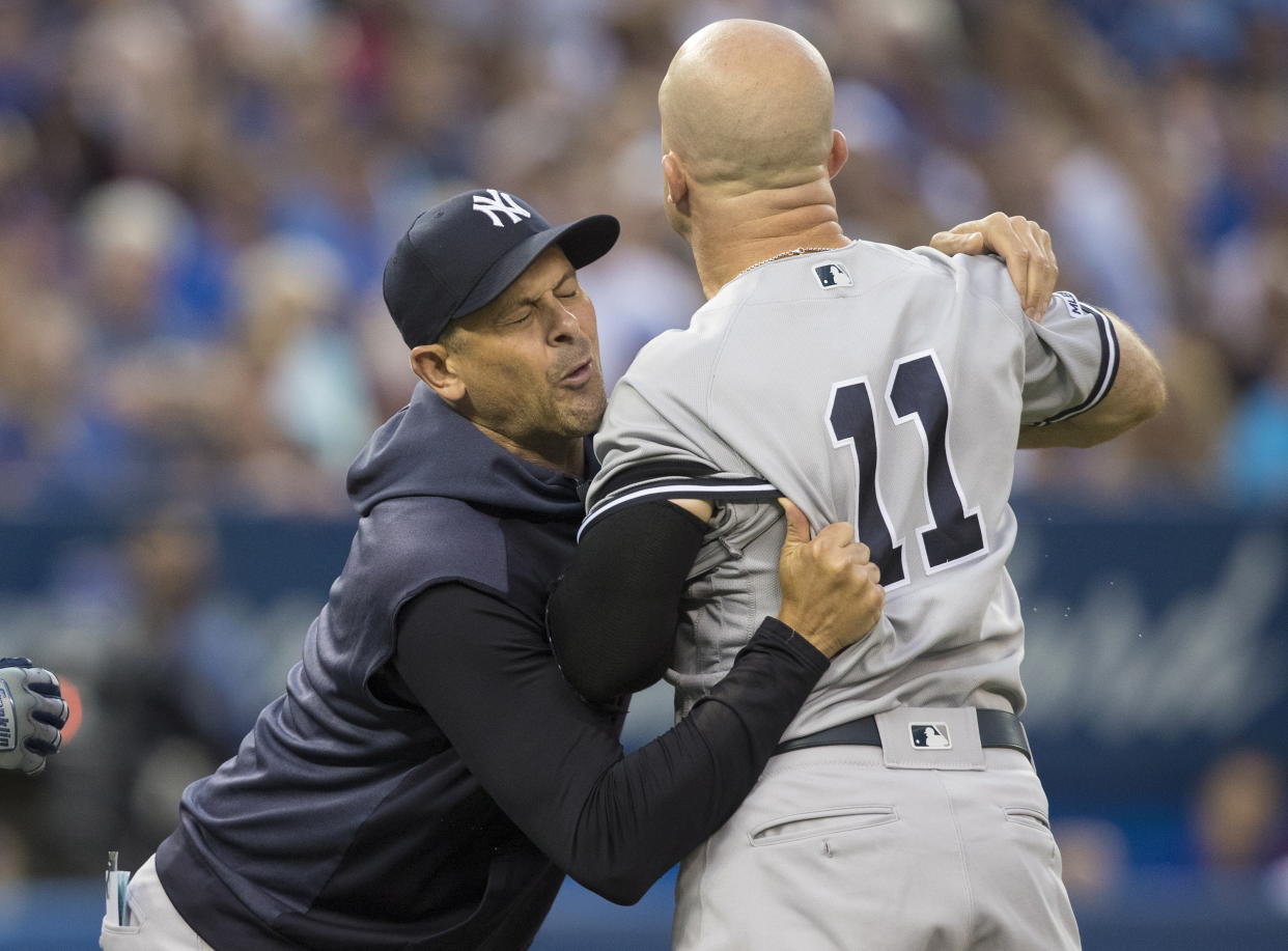 Yankees manager Aaron Boone and outfielder Brett Gardner were involved in another heated confrontation with an umpire. (Fred Thornhill/The Canadian Press via AP)
