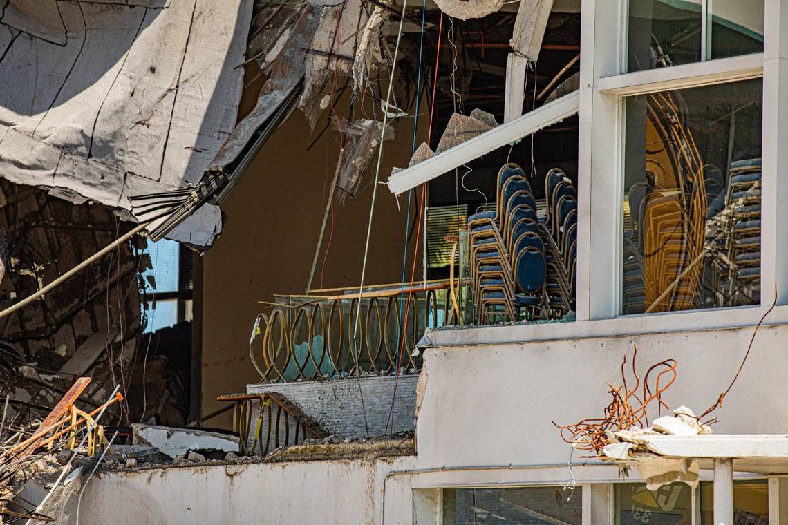 The interior of the Deauville Beach Resort is seen from Collins Avenue as it is being demolished in Miami Beach on Tuesday, Sept. 6, 2022.