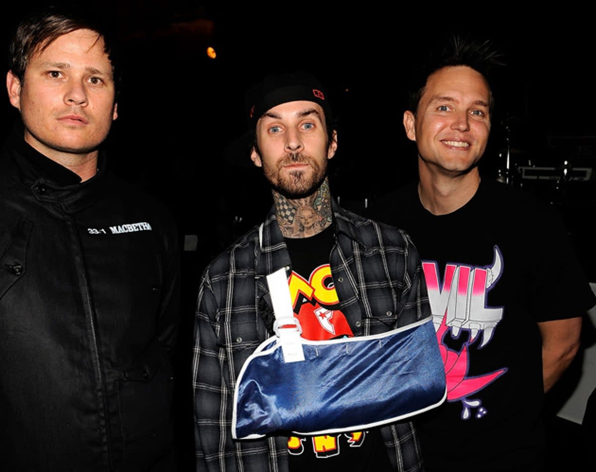 From l-r: Mark Hoppus, Travis Barker and Tom DeLonge shot to fame in the Nineties with their SoCal brand of pop punk and are currently on tour (Getty)