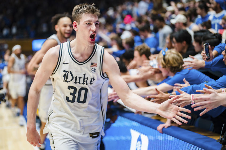 Duke center Kyle Filipowski (30) and the Blue Devils take on Virginia Tech on Monday night. (AP Photo/Jacob Kupferman)