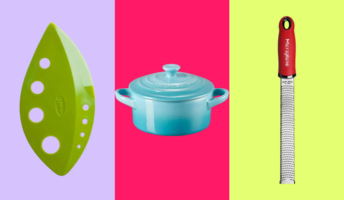 kitchen stocking stuffers: a leaf-shaped herb stripper, blue le creuset cocotte, red microplane