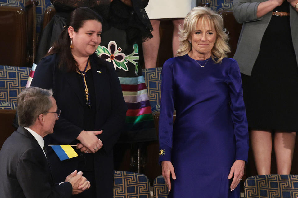 First Lady Jill Biden wore a sunflower embroidered on her blue dress as a way of honoring the country of Ukraine following the invasion of Russia. (Photo: Win McNamee/Getty Images)