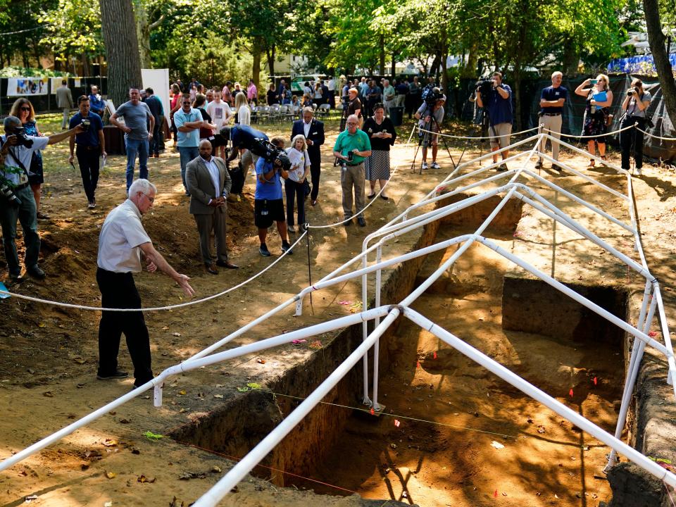 Wade Catts, principal archaeologist for South River Heritage Consulting of Delaware, speaks with members of the media and officials at the Red Bank Battlefield Park in National Park, N.J., Tuesday, Aug. 2, 2022.