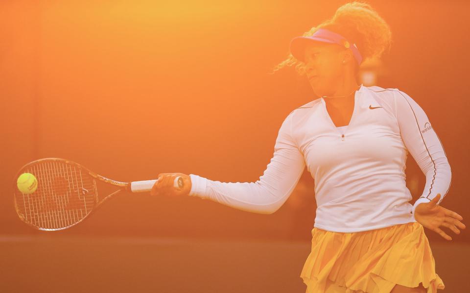 Naomi Osaka returns a shot from Coco Gauff during the Mubadala Silicon Valley Classic at Spartan Tennis Complex in San Jose, California.