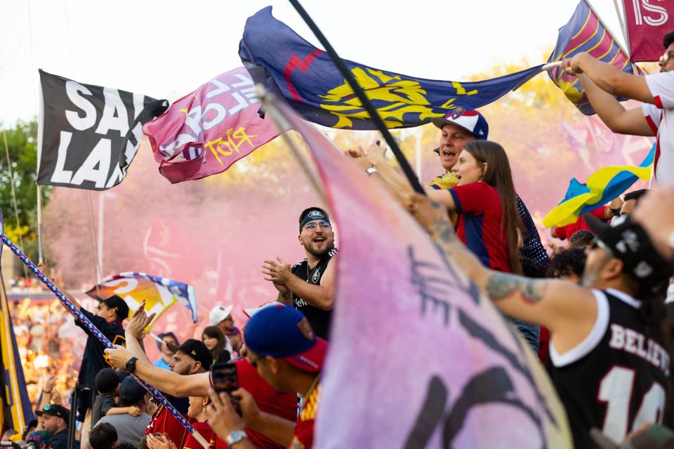 Real Salt Lake fans cheer on their team during the Real Salt Lake vs. Orlando City soccer match at the America First Field in Sandy on Saturday, July 8, 2023. RSL won the game 4-0. | Megan Nielsen, Deseret News