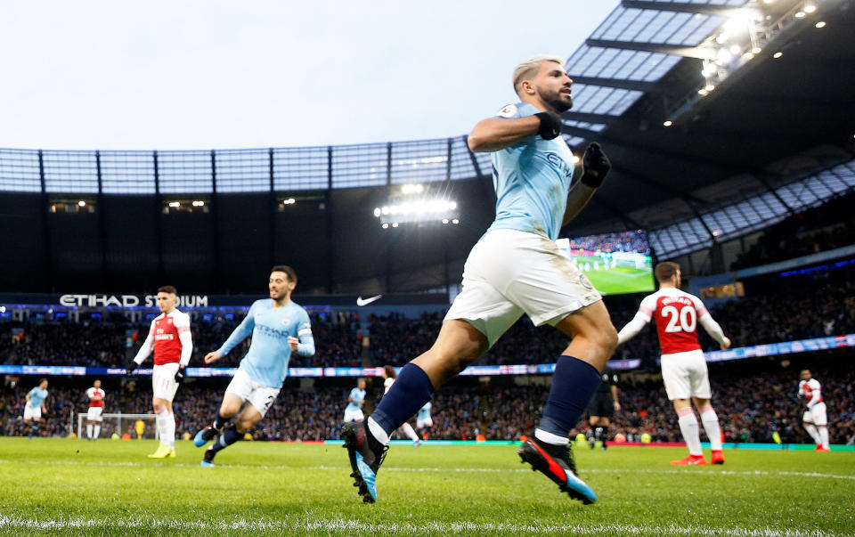 Sergio Aguero’s hat trick lifted Manchester City past Arsenal and back into second place in the Premier League table. (Reuters)