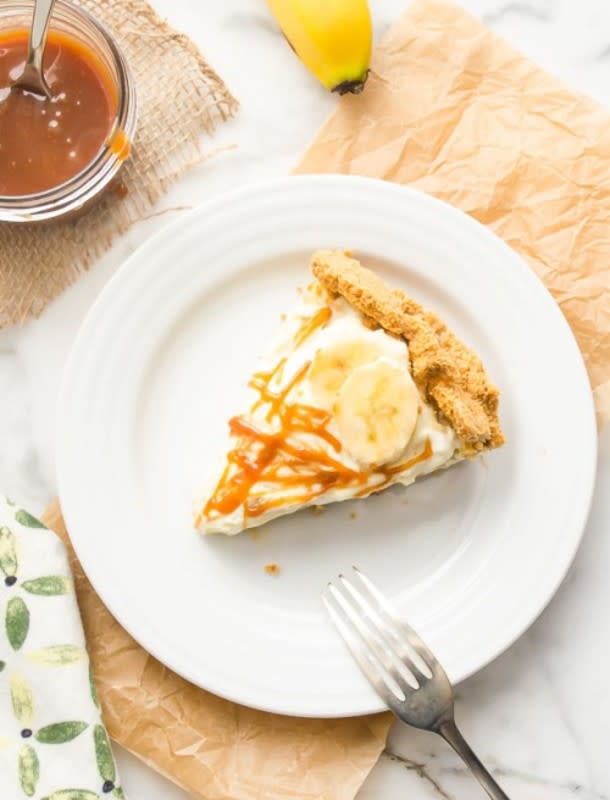 <p>Salted Caramel Banana Cream Pie is an easy graham cracker crust filled with salted caramel sauce, vanilla pastry cream, and fresh bananas. It’s topped with fresh whipped cream and salted caramel sauce for one delicious pie! <a href="http://flavorthemoments.com/salted-caramel-banana-cream-pie/" rel="nofollow noopener" target="_blank" data-ylk="slk:Get the recipe here.;elm:context_link;itc:0;sec:content-canvas" class="link ">Get the recipe here.</a></p>