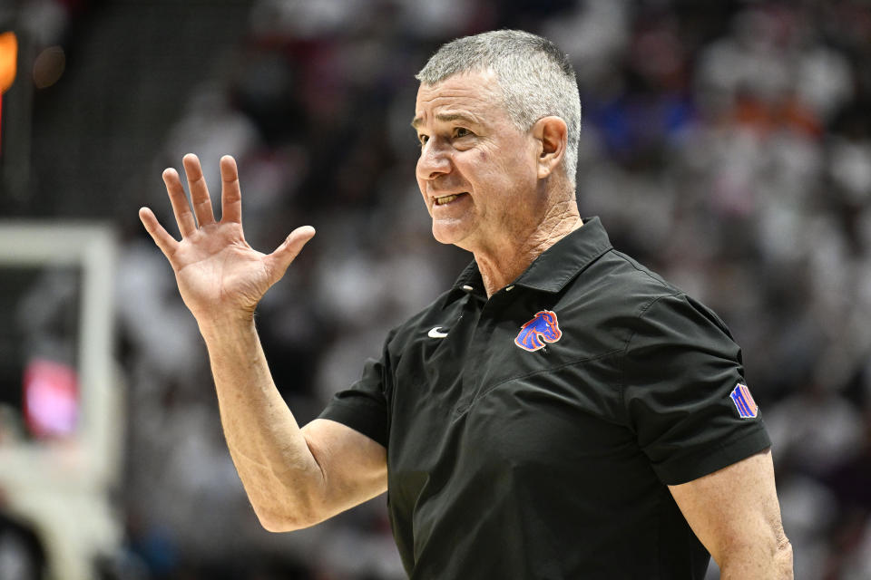 Boise State coach Leon Rice gestures during the second half of the team's NCAA college basketball game against San Diego State on Friday, March 8, 2024, in San Diego. (AP Photo/Denis Poroy)