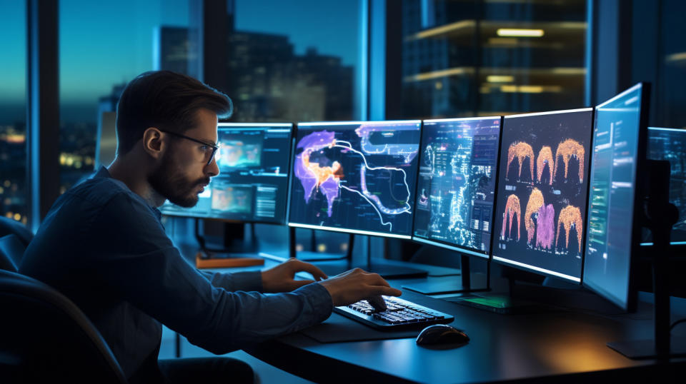 A software engineer working in a high tech office on a laptop with multiple screens.